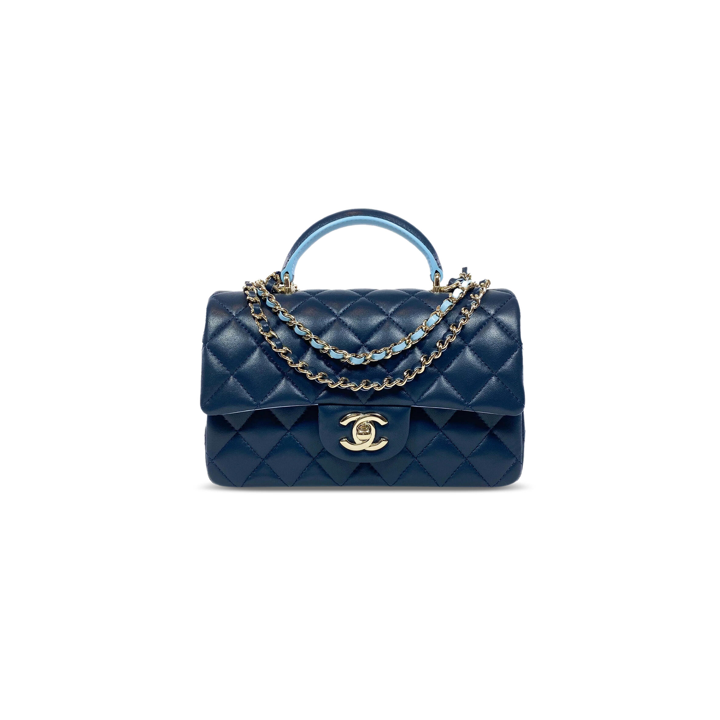 Ch*el mini top handle rectangular flap bag quilted lambskin navy and light blue 360047 (20*13*6cm)